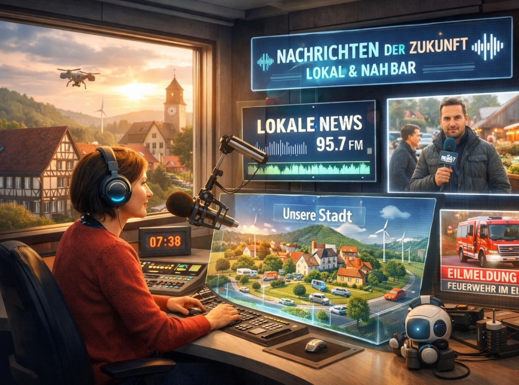 Ein fiktives künftiges Studio für die Radionachrichten der Zukunft, generiert von ChatGPT